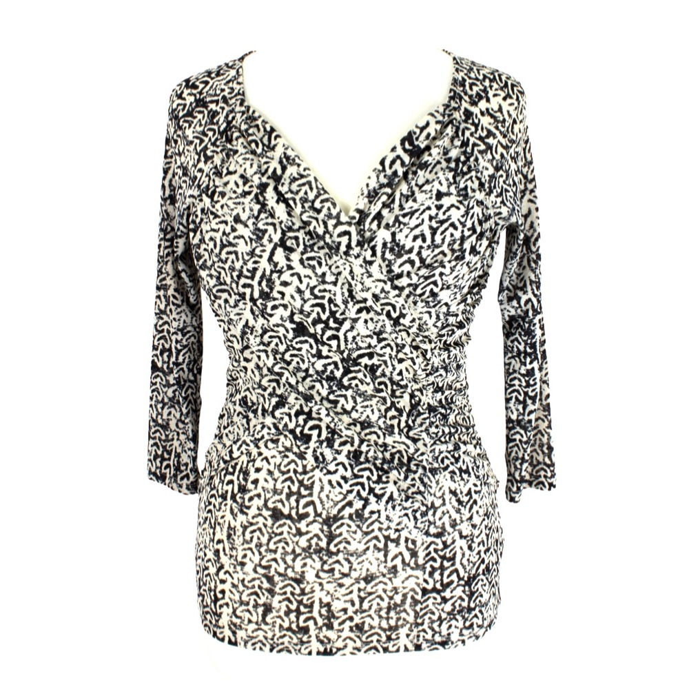 Meadow Rue Faux Wrap Mesh Top size XS 3/4 Sleeve Ruched Black Cream